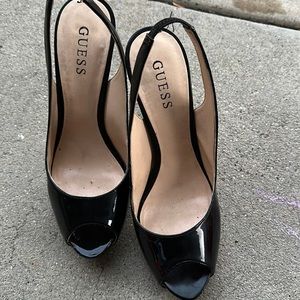 Black patent sling back peep toe